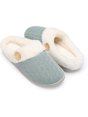 Women's Green Warm Comfy Memory Foam Knitted Shoes Faux Fur Lined Slippers